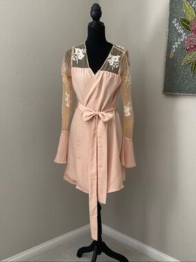 Sheer-Panel Wrap Mini Robe in Blush Pink